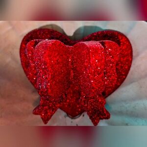 3-D All glitter red heart with bow, hand carved and hand glittered and epoxied
